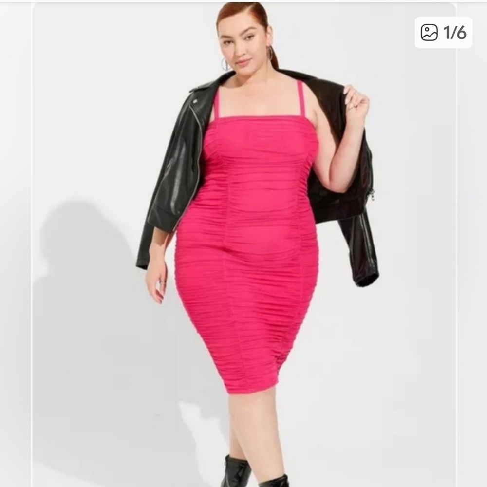 💘Torrid Pink Peacock Mesh Shirred Bodycon Midi Dress💘 Plus Size 18 - Picture 4 of 4